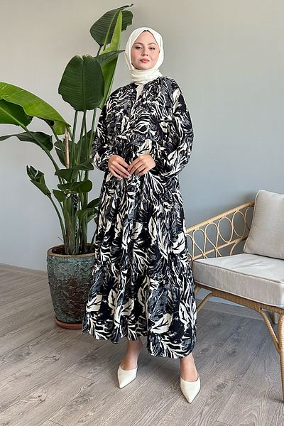 InStyle Black Viscose - Abstract Balloon Sleeve Dress