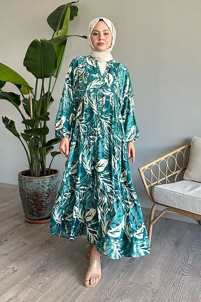 InStyle Abstraktes Ballonärmelkleid aus Smaragdviskose