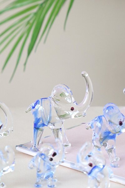 ADAMODART Lacivert Renk Geçişli 7'li Fil Dekoratif Cam Biblo Seti