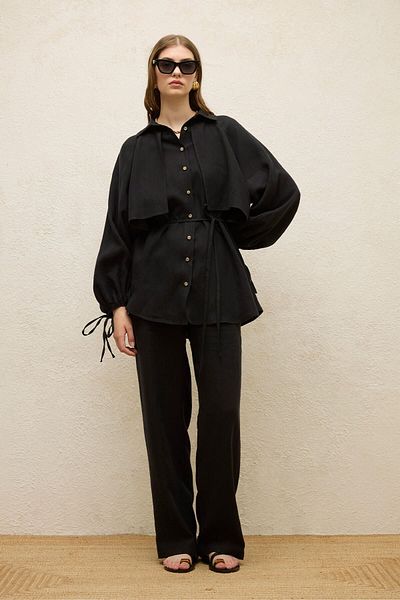Manuka Schwarzes Leinen-Trenchhemd