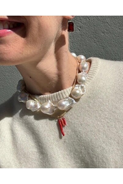 PEARL Gerçek Barok Inci Şık Kolye Gümüş Aparatlı