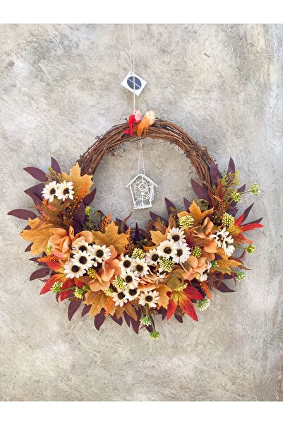Mori Atölye El Yapımı Doğal Sarmaşık Çelenk Yapay Papatya Ortanca Çiçekli Sonbahar Temalı Kapı Süsü