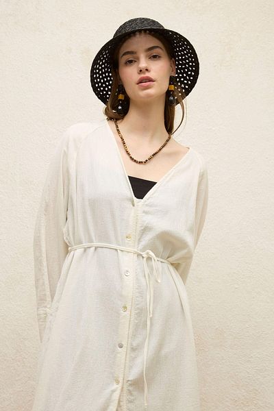 Manuka Ecru Colored Cotton Long Tunic - Lacing Detail