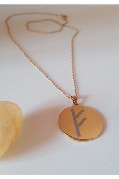 Anatolia Fehu Rune Symbol Number Sequential Steel Necklace