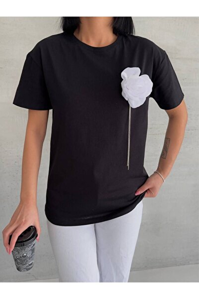 Generic Brand Black Satin T-Shirt - Chain Stone Detail, Crew Neck, 100% Cotto...