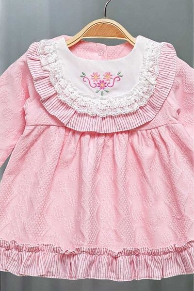 dinamik çocuk 0-2 Years Flower Embroidered and Lace Detailed Dress - Self Patterned Fabric