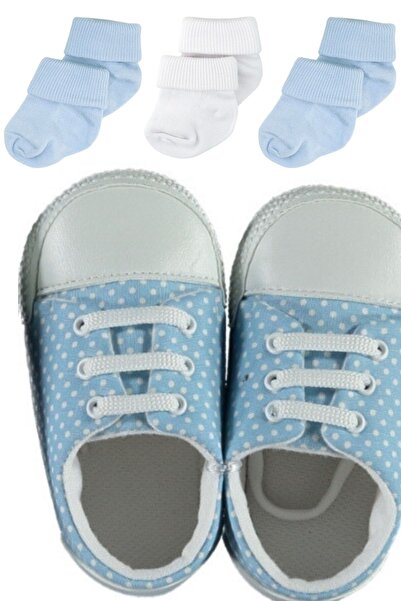 ESRARENGİZ HEDİYELER Erkek Bebek Hediyelik 3'lü Çorap Patik Ayakkabı Seti