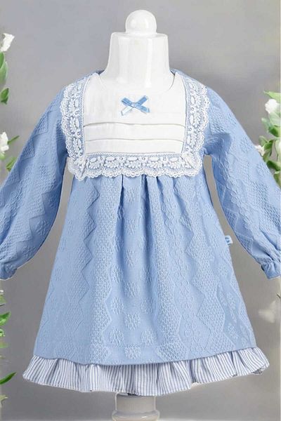 dinamik çocuk Floral Embroidered Bow Detailed Patterned Fabric Dress for 0-2 Years Old Children