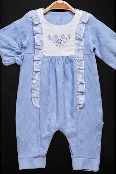 dinamik çocuk 0-12 Months Floral Embroidered Pique Fabric Jumpsuit with Snaps at the Bottom