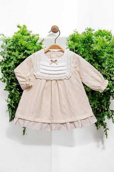 dinamik çocuk Floral Embroidered Bow Detailed Patterned Fabric Dress for 0-2 Years Old Children