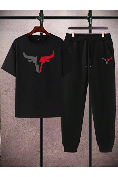 DAXİS Sportwear Company طقم بدلة رياضية مطبوعة من الأسفل برقبة دائرية كبيرة -...