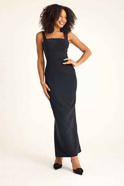 bontesel Siyah Kare Yaka Uzun Boy Abiye Elbise