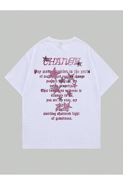 Bengi Clothing Λευκό Oversize Βαμβακερό T-shirt - Κοντό μανίκι, εμπριμέ