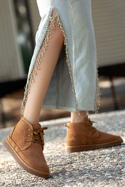 ELLOLİTA LUXURY SHOES Άνετα Γυναικεία Μποτάκια - Μίνι Γούνινη Επένδυση, Χαμηλή Σόλα, Κορδόνια