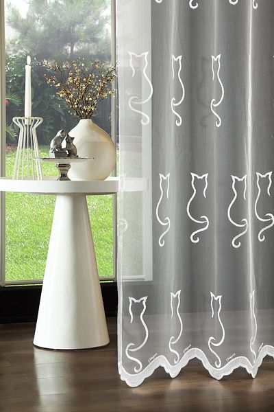 MAGİZA Cat Patterned Tulle Curtain - Don't Want Ironing and Drawstring Extrafor, Suitable for Kitchen, Balcony and Children's Room