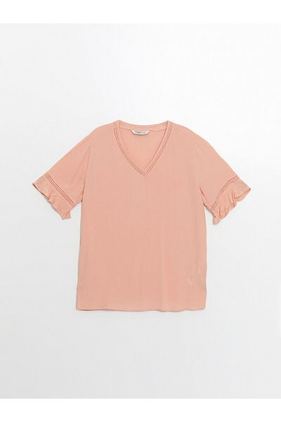 LC Waikiki Damenbluse mit V-Ausschnitt und Spitzendetail – kurze Ärmel