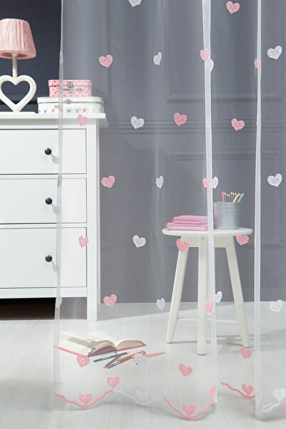 MAGİZA Heart Patterned Tulle Curtain - 1e and 2layer Sparse Pleat, No Ironing, Suitable for Living Room, Kitchen, Balcony and Children's Room