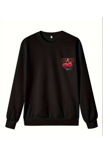Elvino Oversize Comfortable Fit Winter Thick Red Cherries Printed Women's Sweatshirt