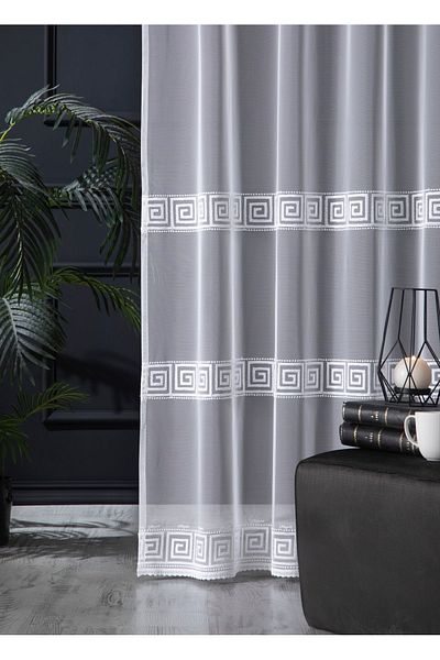 MAGİZA Geometry Patterned Tulle Curtain - Pleatless and Drawstring, Extra-for No Ironing, Suitable for Living Room and Kitchen Balcony and Rooms