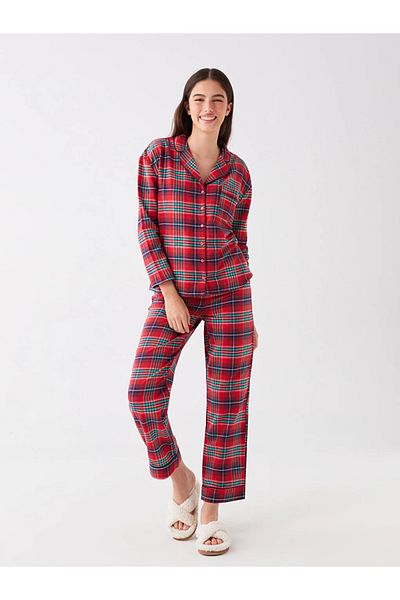 LC Waikiki LCW DREAM - Plaid Print Shirt Collar Long Sleeve Women's Pajamas Set