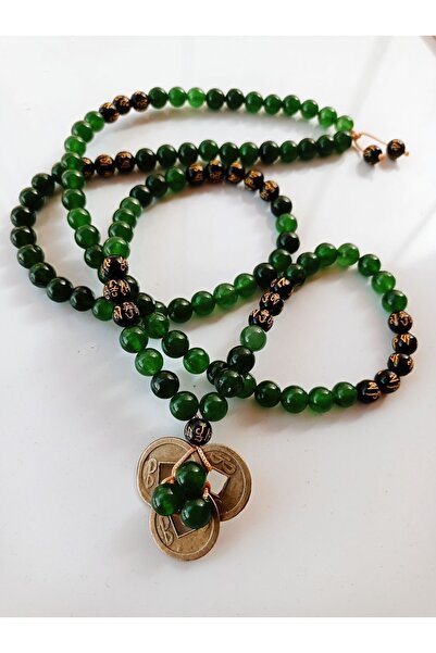 PİRAMİGO Yeşil Gelang Taşı ve Şans Parası 108 Mala Uzun Kolye Mudra İşli