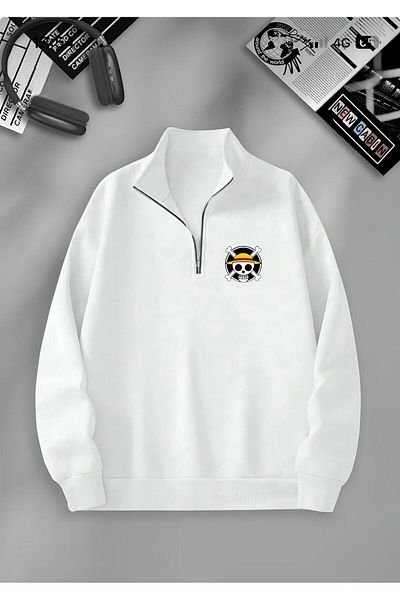 NewCabin Λευκό Unisex Χειμερινό φούτερ - Μισό φερμουάρ, 3 κλωστές, φλις, γιακάς