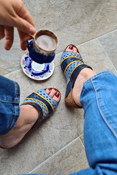 İNZE AYAKKABI Foça- Blue Multicolored Genuine Leather Slippers