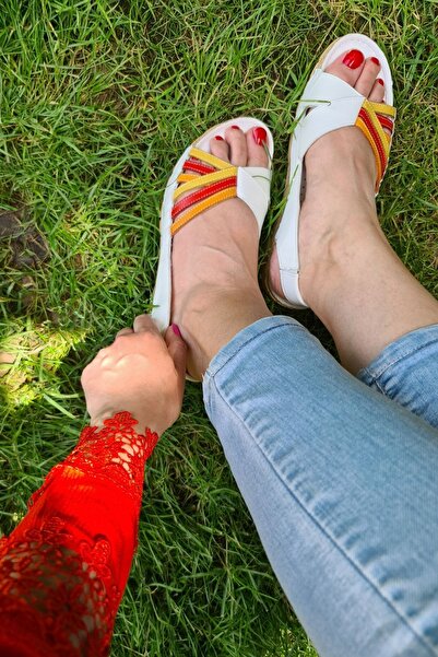 İNZE AYAKKABI Alaçatı- White Multicolored Genuine Leather Sandals