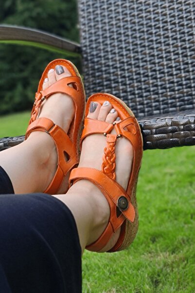 İNZE AYAKKABI Pomegranate Flower Pink Braided Genuine Leather Sandals