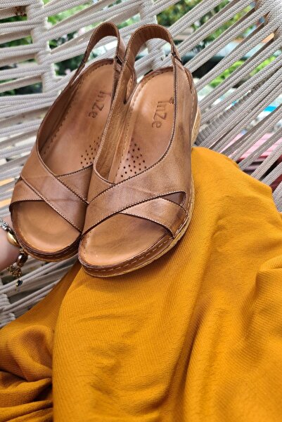 İNZE AYAKKABI Sewn- Tan Colored Genuine Leather Sandals
