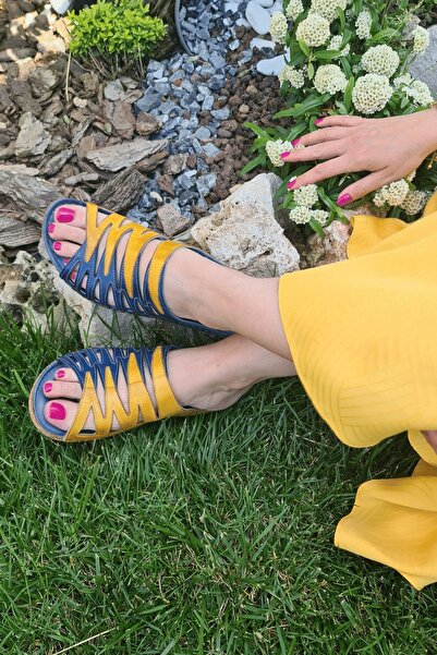 İNZE AYAKKABI Fethiye- Navy Blue Yellow Genuine Leather Slippers