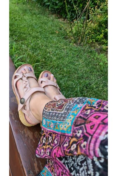 İNZE AYAKKABI Powder Pink Braided Genuine Leather Sandals - Model: Tulip