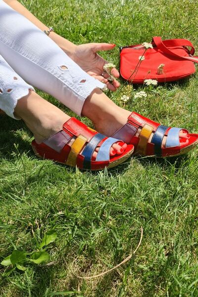 İNZE AYAKKABI Ayvalık- Papuci roșii multicolori din piele naturală