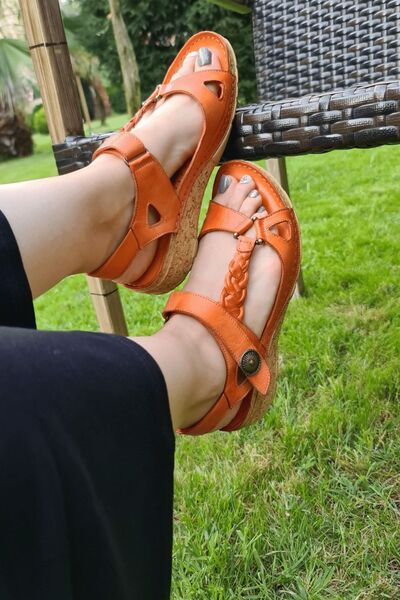 İNZE AYAKKABI Pomegranate Flower Pink Braided Genuine Leather Sandals