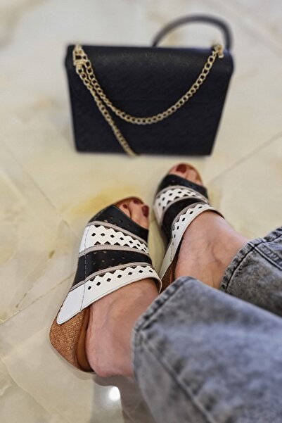 İNZE AYAKKABI Foça - شبشب جلد طبيعي أبيض متعدد الألوان