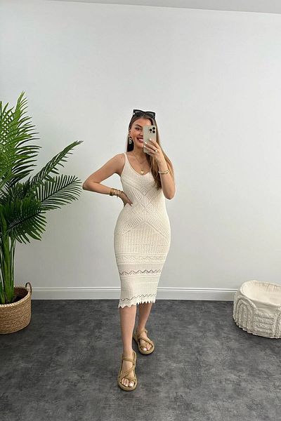 Didem Butik White Dress Lined Knitted Dress Lycra Knitted Dress Comfortable Fit Dress Strappy Dress Pencil Dress
