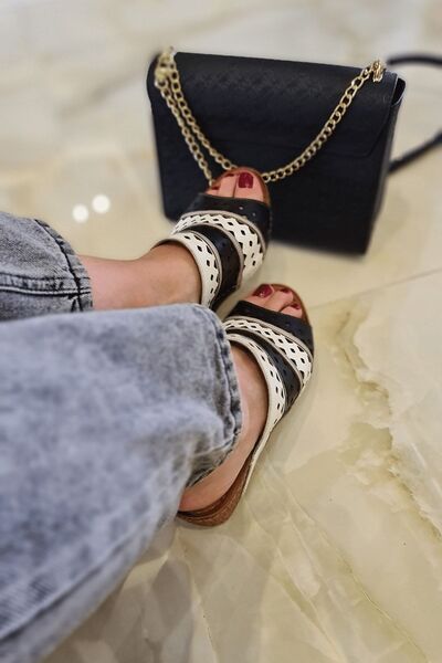 İNZE AYAKKABI Foça- White Multicolored Genuine Leather Slippers