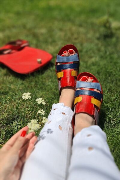 İNZE AYAKKABI Ayvalık- Papuci roșii multicolori din piele naturală