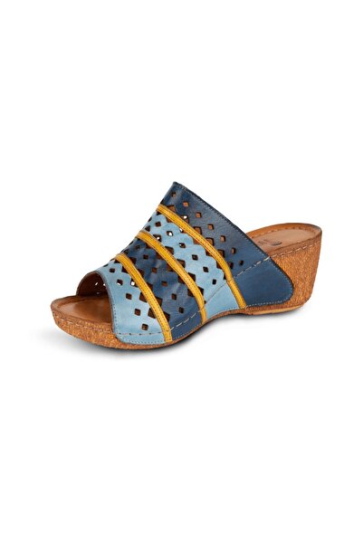 İNZE AYAKKABI Foça- Blue Multicolored Genuine Leather Slippers