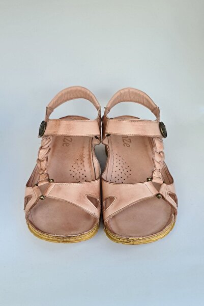 İNZE AYAKKABI Powder Pink Braided Genuine Leather Sandals - Model: Tulip