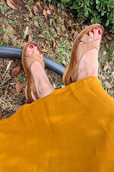 İNZE AYAKKABI Sewn- Tan Colored Genuine Leather Sandals