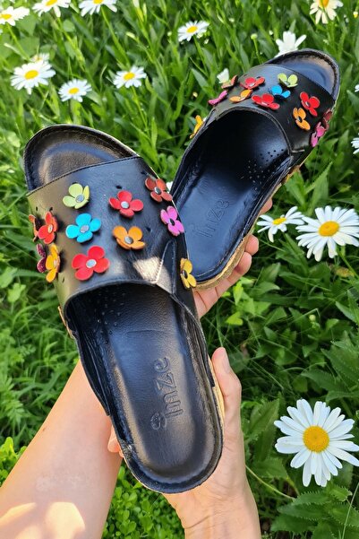 İNZE AYAKKABI Black Floral Leather Slippers