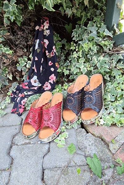 İNZE AYAKKABI Black Print Cut Genuine Leather Slippers - Model: Şebboy