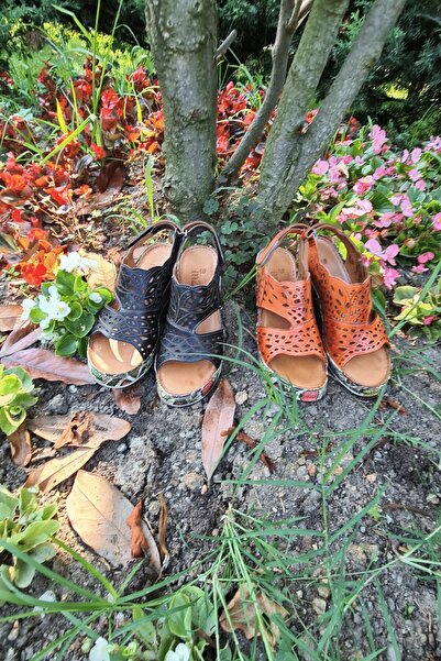 İNZE AYAKKABI Pomegranate Flower Laser Cut Genuine Leather Wedge Heel Sandals-model: Narcissus