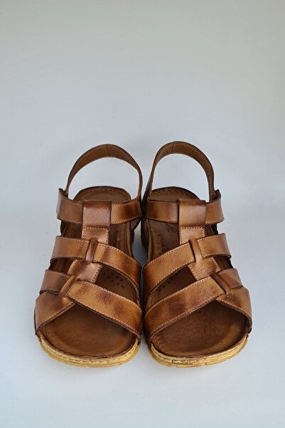 İNZE AYAKKABI Tan Strap Genuine Leather Sandals-model:rose