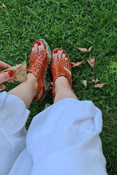 İNZE AYAKKABI Pomegranate Flower Laser Cut Genuine Leather Wedge Heel Sandals-model: Narcissus
