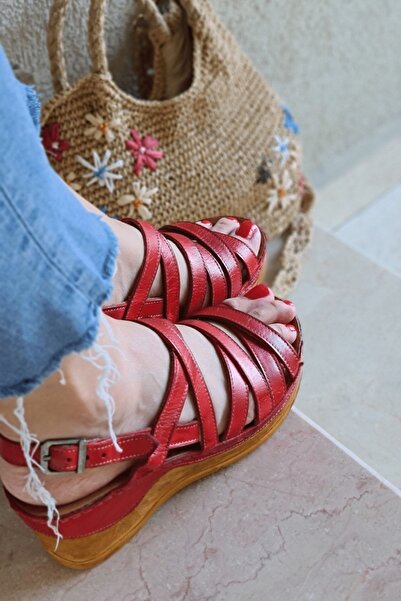 İNZE AYAKKABI Red Multi-Strapped Genuine Leather Sandals-model: Carnation
