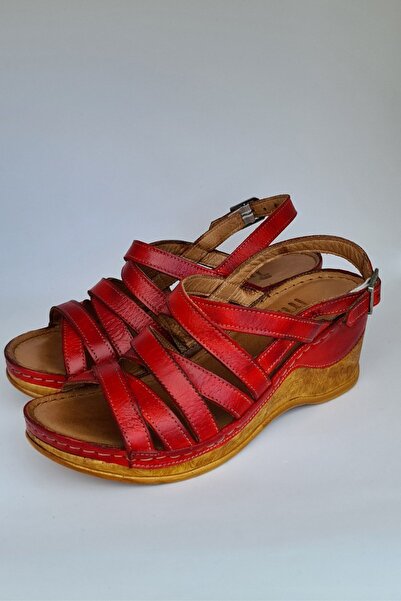 İNZE AYAKKABI Red Multi-Strapped Genuine Leather Sandals-model: Carnation