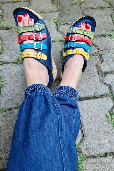 İNZE AYAKKABI Navy Blue, Multi-Colored Buckle Genuine Leather Slippers - Model: Hyacinth