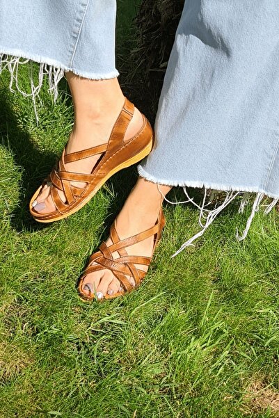 İNZE AYAKKABI Tan Band Knitted Genuine Leather Sandals-model: Fulya